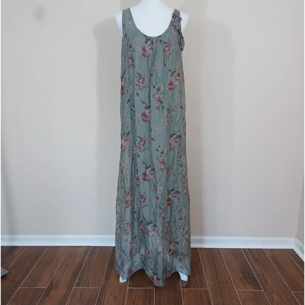 Cobblestone Living Sage Green Floral Tank Maxi Dress Rayon Silk Women US OS - Picture 1 of 8